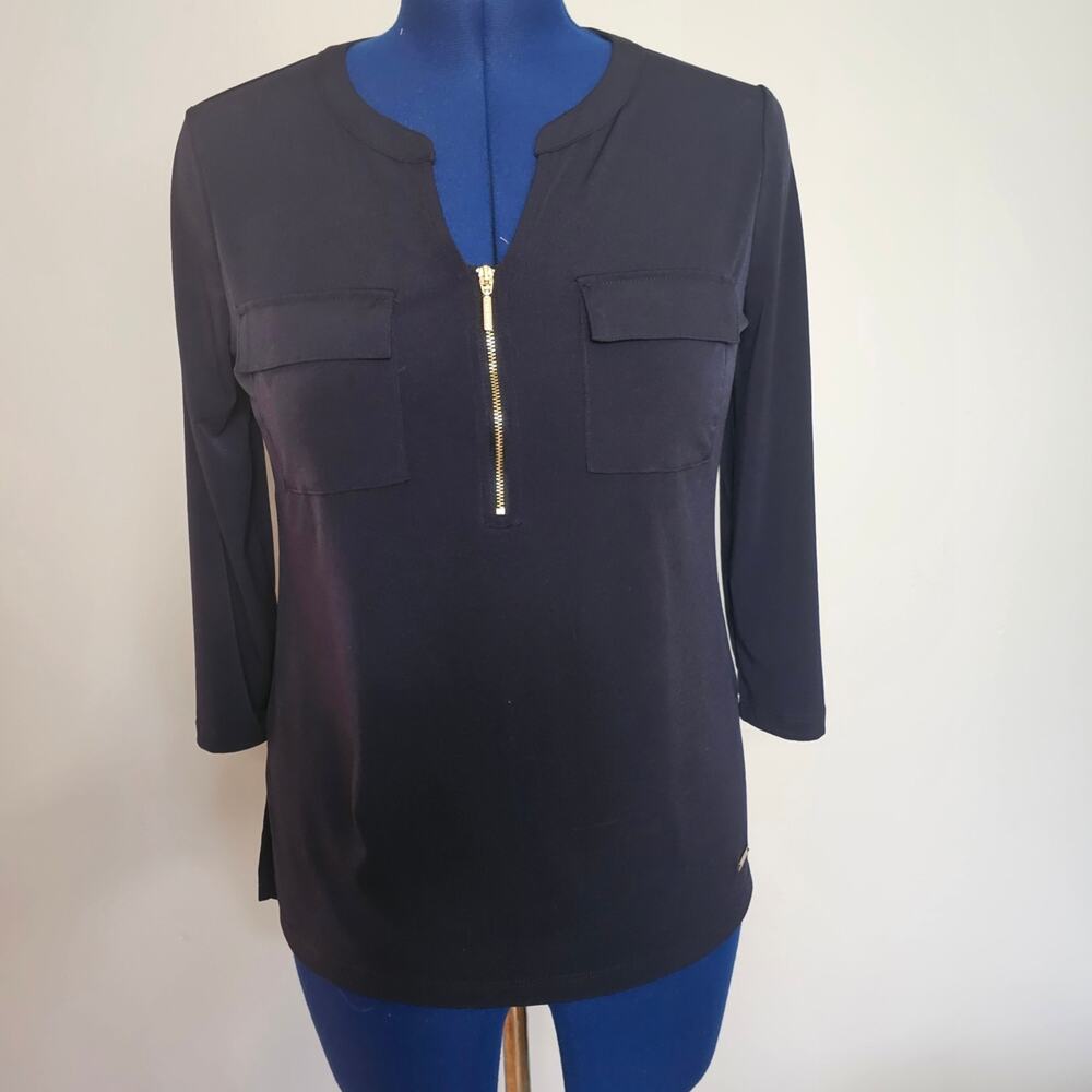 Ellen Tracy Navy Zip Neck Blouse Medium Gold Zip Career Office Stretch Top